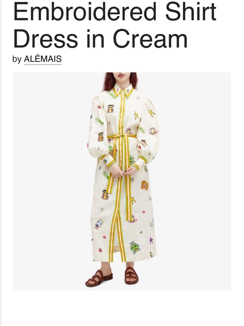 Alemais Cream Embroidered Maxi Shirt Dress with Yellow Trim